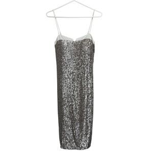 Betsy & Adam | Champagne Gold Sequin & Cream Midi Dress Slit In Back Size 6 NWT